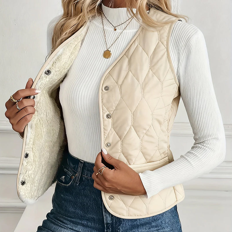Women’s Quilted Snap-Front Vest with Sherpa Lining