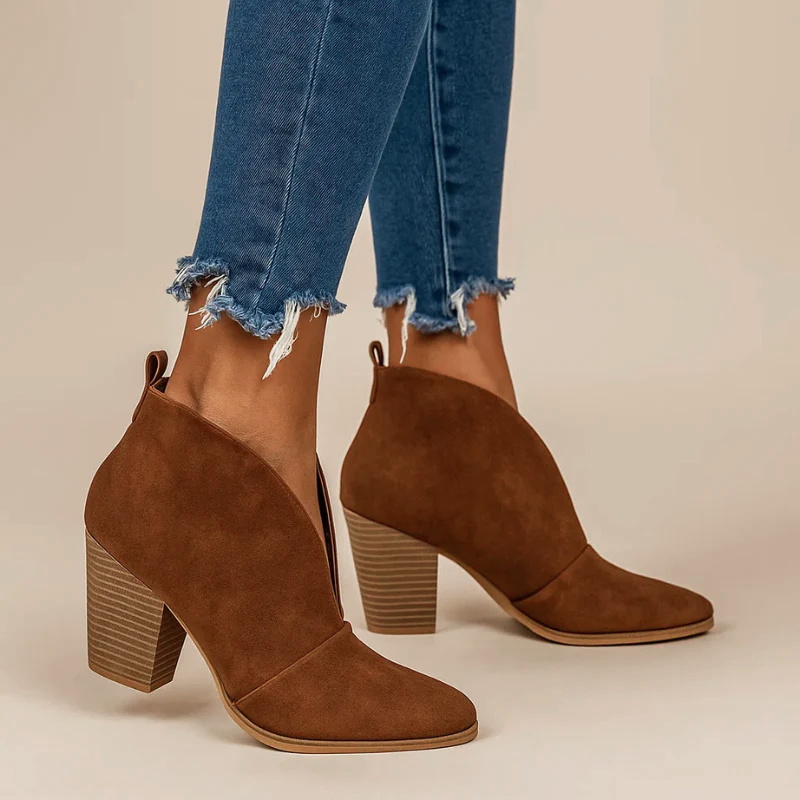 Block-Heel Ankle Boots for Women with Deep Front Cutout