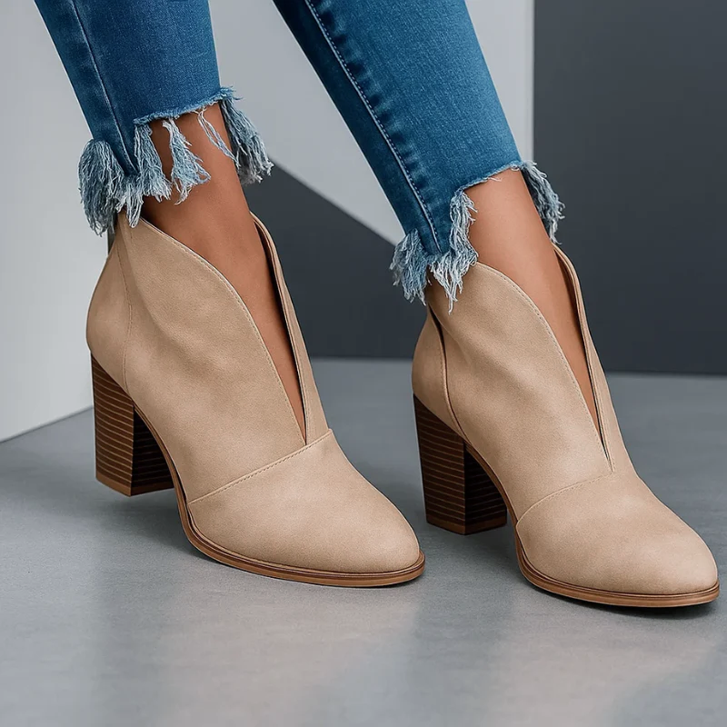 Block-Heel Ankle Boots for Women with Deep Front Cutout