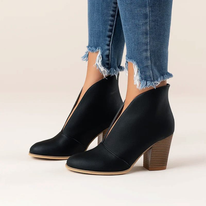 Block-Heel Ankle Boots for Women with Deep Front Cutout