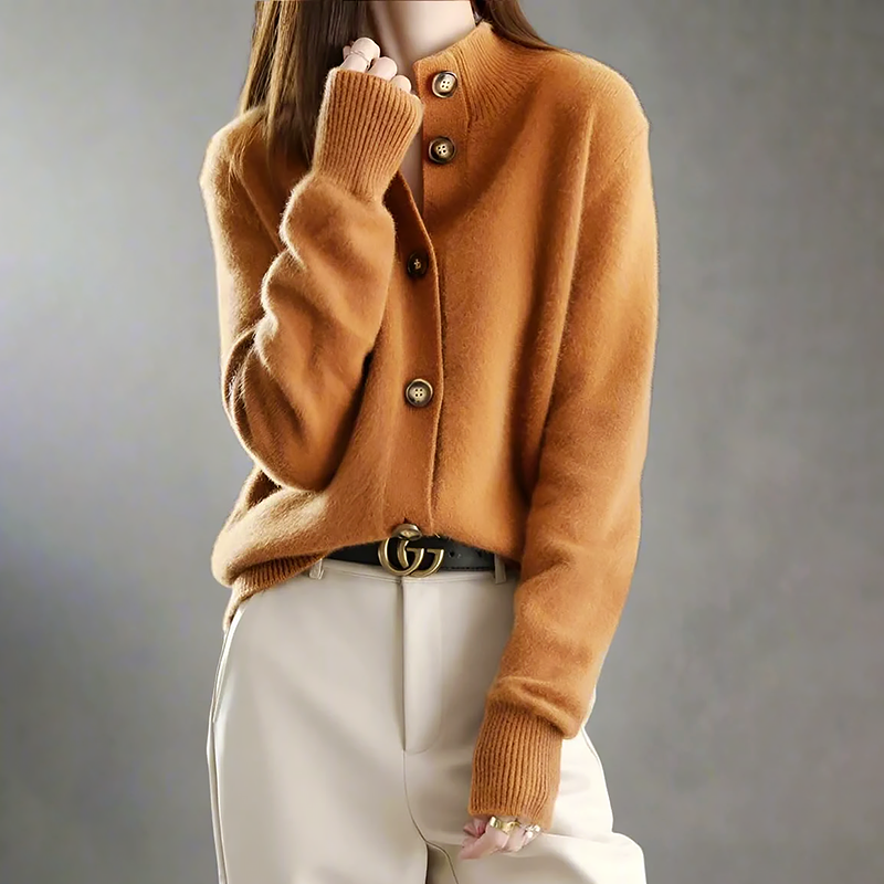 Button-Front Knit Cardigan for Women with High Collar