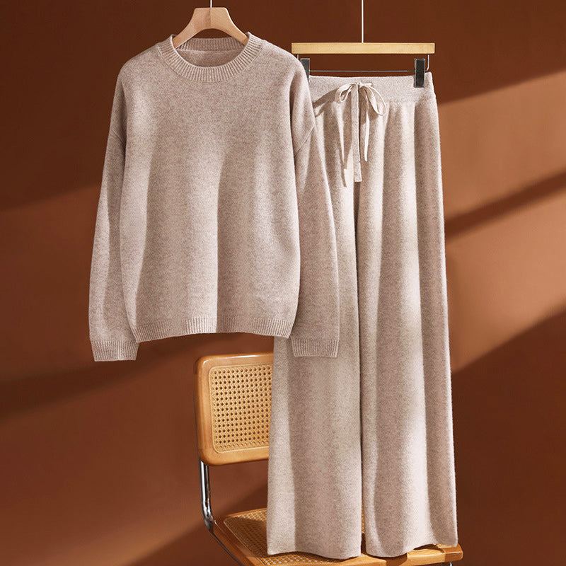 Wool Knit Crew Neck Sweater and Pants Set for Women