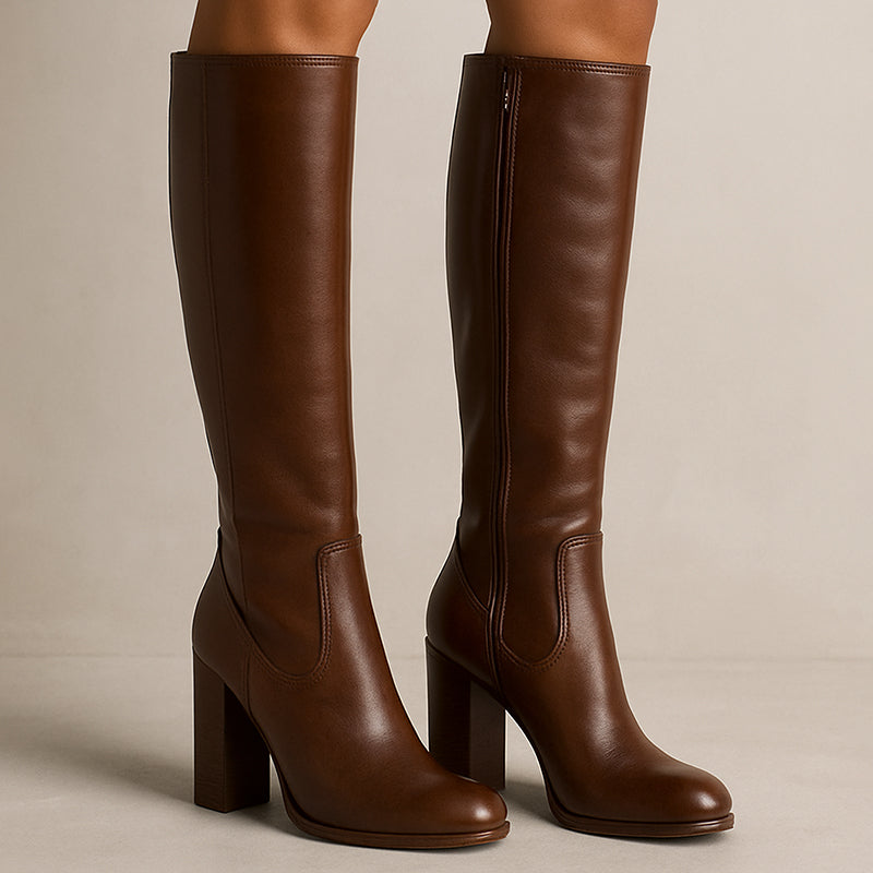 Knee-High Women’s Boots with Stacked Block Heels