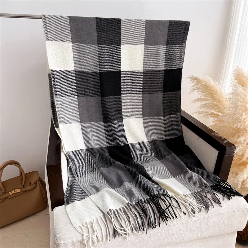 Large Plaid Scarf with Fringe Ends