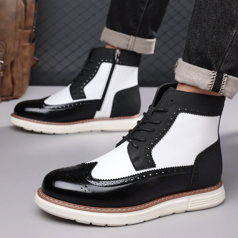 Men’s Brogue Lace-Up Boots with Mixed-Color Panels