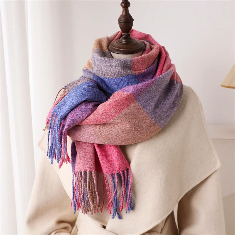 Multicolor Plaid Scarf with Fringe Ends