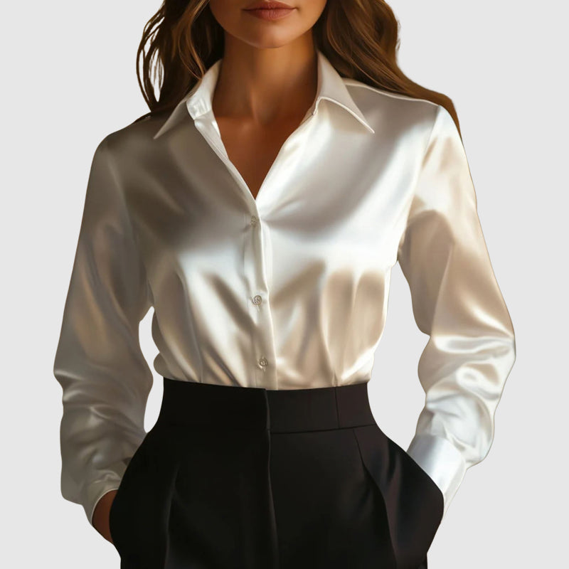 Sofia Amoretti Satin Shimmer Button-Up Shirt