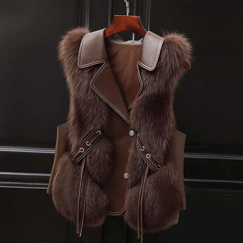 Women’s Faux Fur Vest with Lapel Collar and Waist Tie