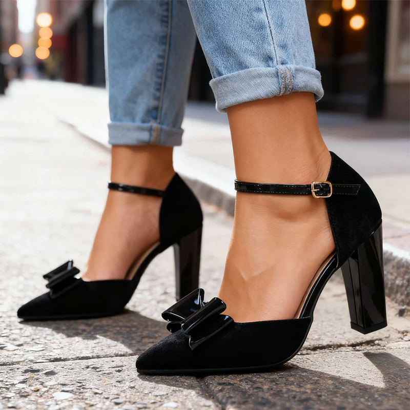 Women’s Faux Suede Block Heels with Glossy Bow Detail