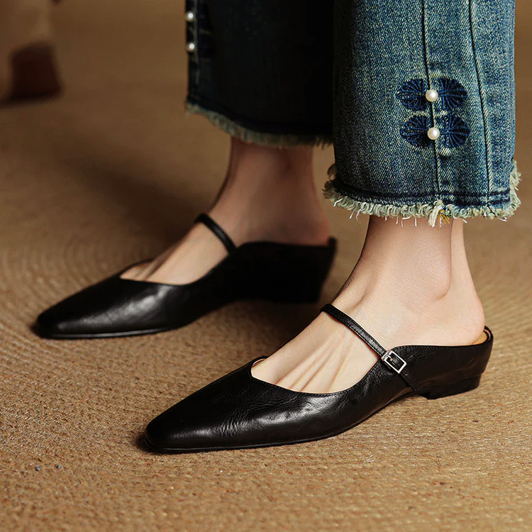 Women’s Genuine Leather Mules with Mary Jane Strap