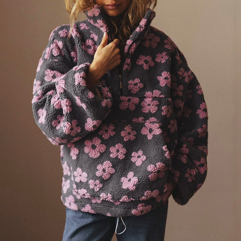 Women’s Half-Zip Fleece Sweatshirt with Floral Pattern