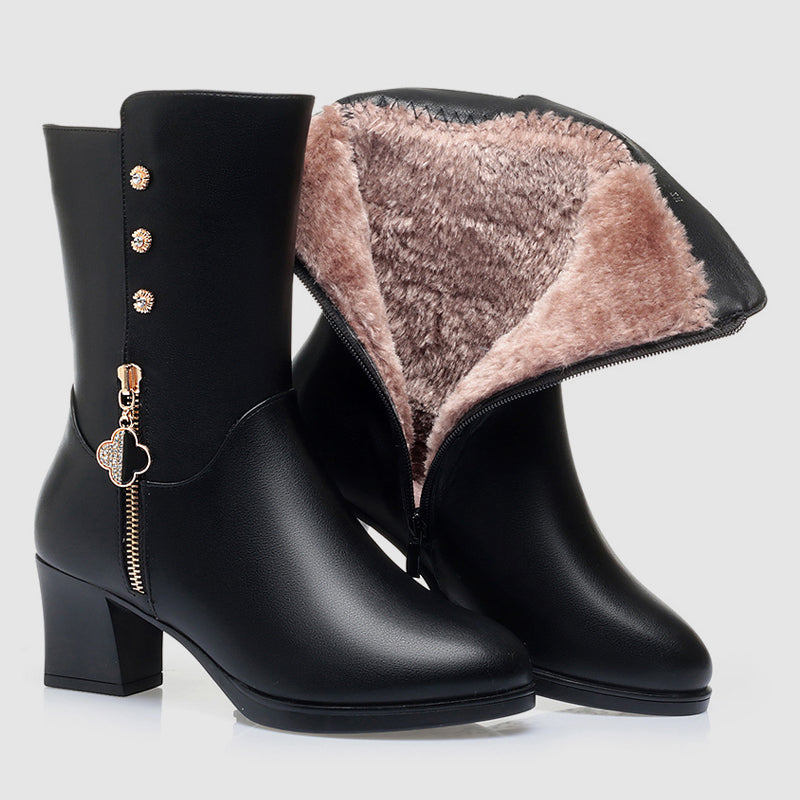 Women’s Mid-Calf Leather Boots with Plush Lining