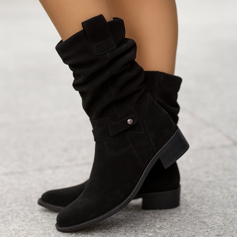 Women’s Mid-Calf Suede Slouch Boots with Low Heel