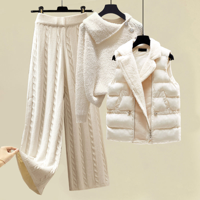 Women’s Three-Piece Knit Pants Sweater and Puffer Vest Set